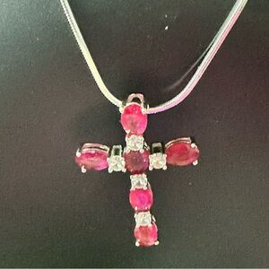 Sterling Silver 925 Ruby & Zircons Snake Chain Cross Pendant Catholic Stunning